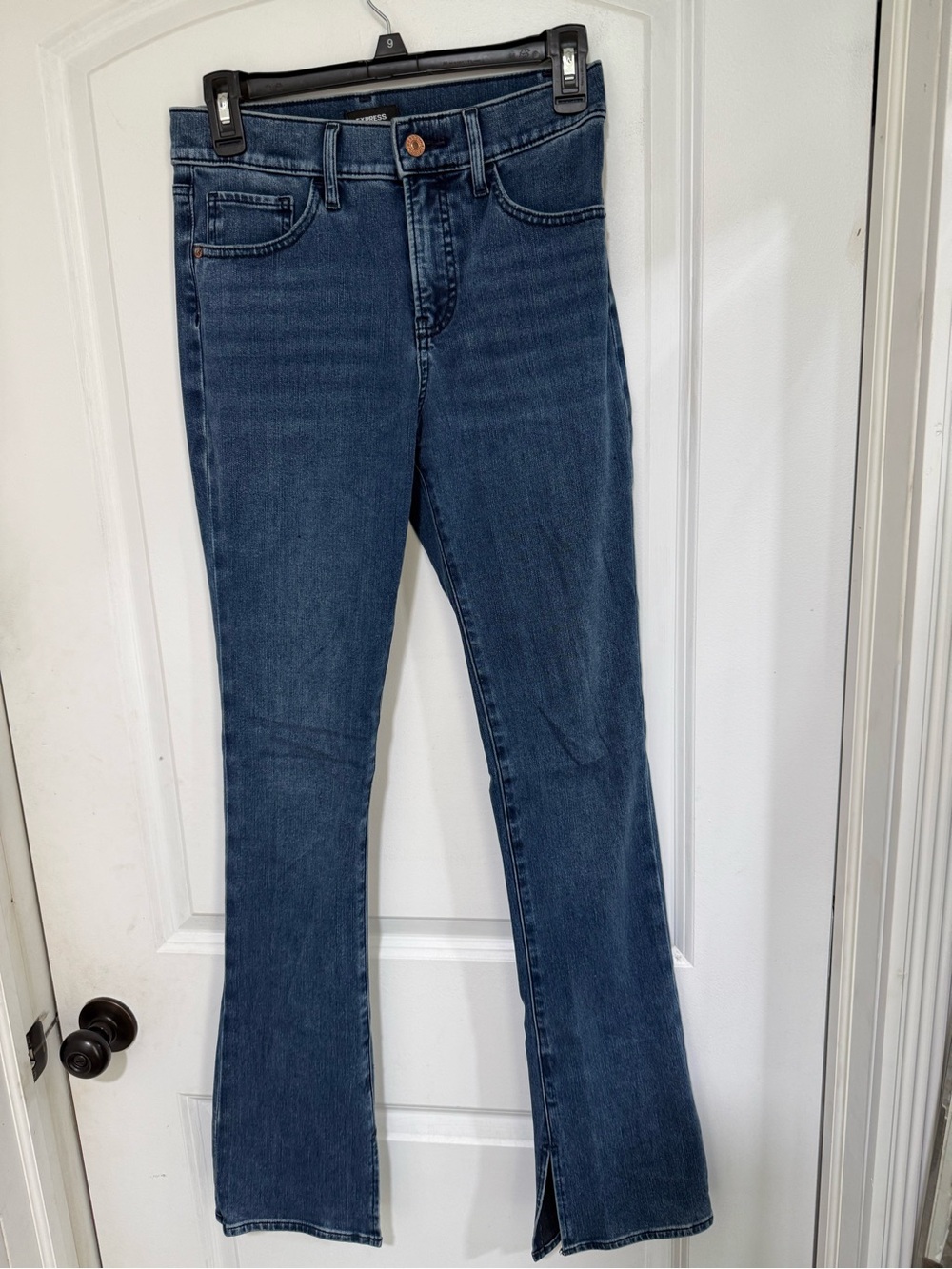 Express Skyscraper Mid Rise Conscious Edit Dark wash Split hem Boot cut Jeans